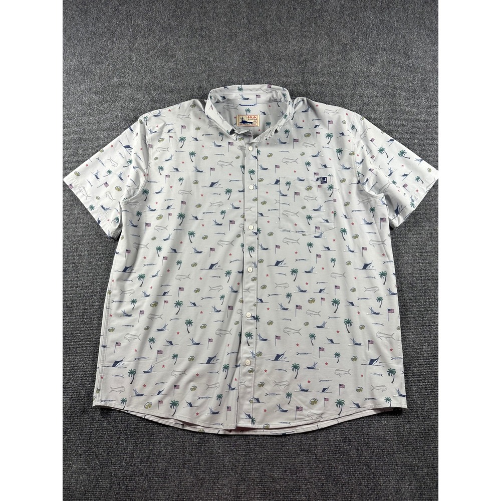 Huk‎ Fishing Mens 2XL Button Up Short Sleeve Shirt Nautical Fish Palm Tree Print